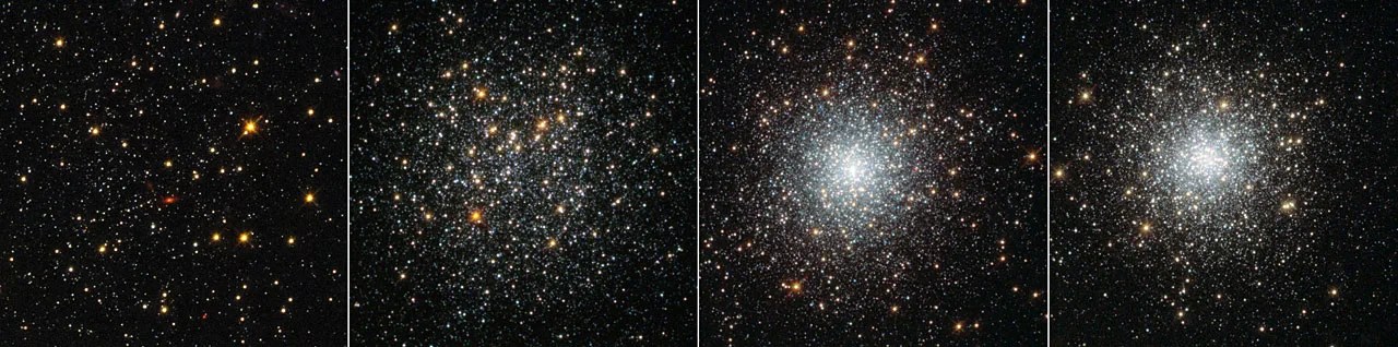 A four-paneled image of four globular clusters. The first image is of a very loose cluster of stars; the second shows a more defined but still loose cluster. The third is a defined spherical cluster with a large, bright white center of collected stars; the fourth is another defined rounded cluster with a smaller white center of stars.