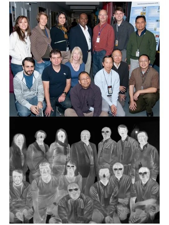 Color photo of Hot Bird team above a black and white infrared photo of the same team.