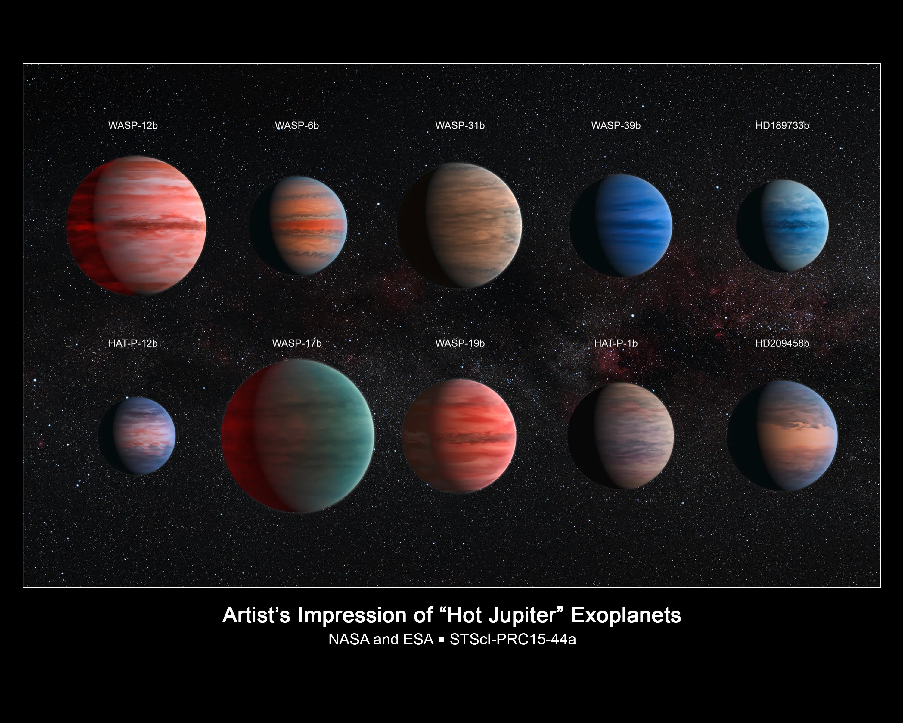 artist's impression of the ten hot Jupiter exoplanets studied by astronomer David Sing and his colleagues