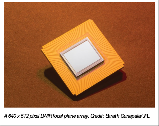 Close up photo of gold and silver focal plane array chip.