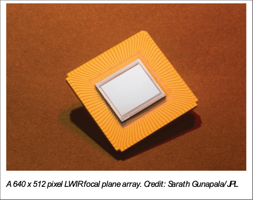 Close up photo of gold and silver focal plane array chip.