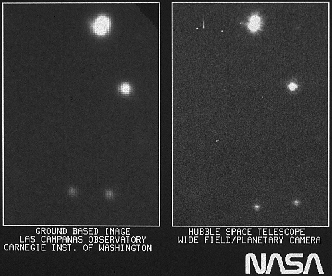 Two black and white images. Left is ground based image, the right is a Hubble image.