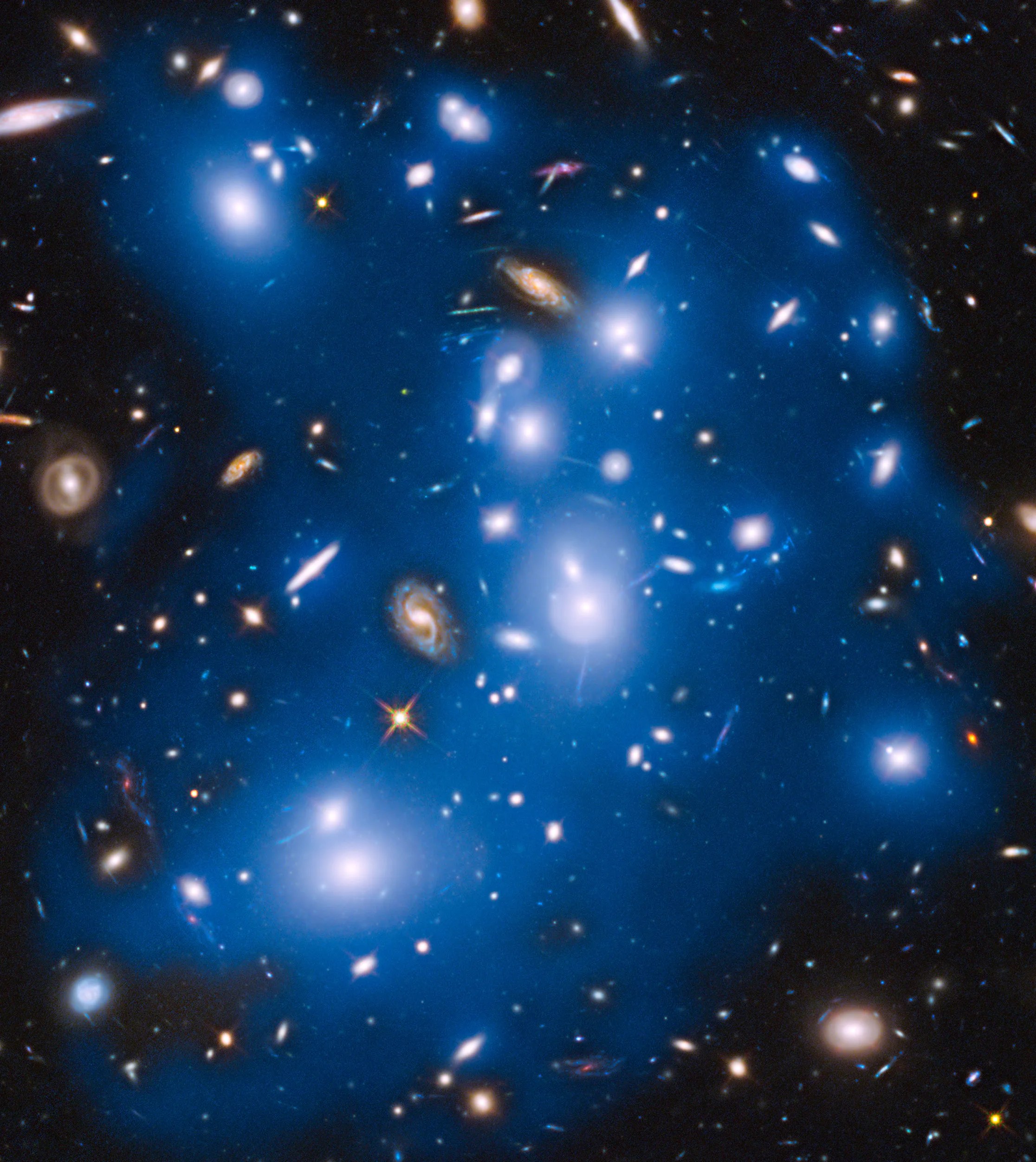 A vast cluster of shining galaxies in a multitude of sizes and shapes surrounded by a soft, blue, encompassing glow.