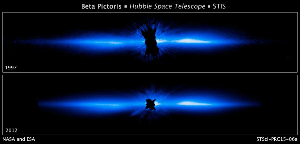 Two images (1997 on the top and 2012 on the bottom) of an edge on dust disk, colored blue-white and emanating from a central point. The central star is blocked from view by a black splotch. The 1997 view looks very slightly different than the 2012 view.