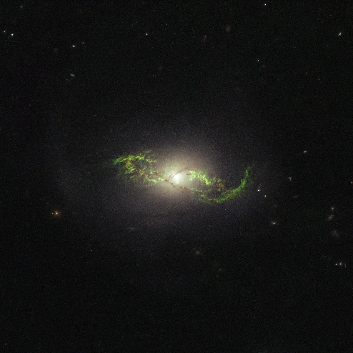 Green wisps of gas in a figure eight around a hazy galaxy