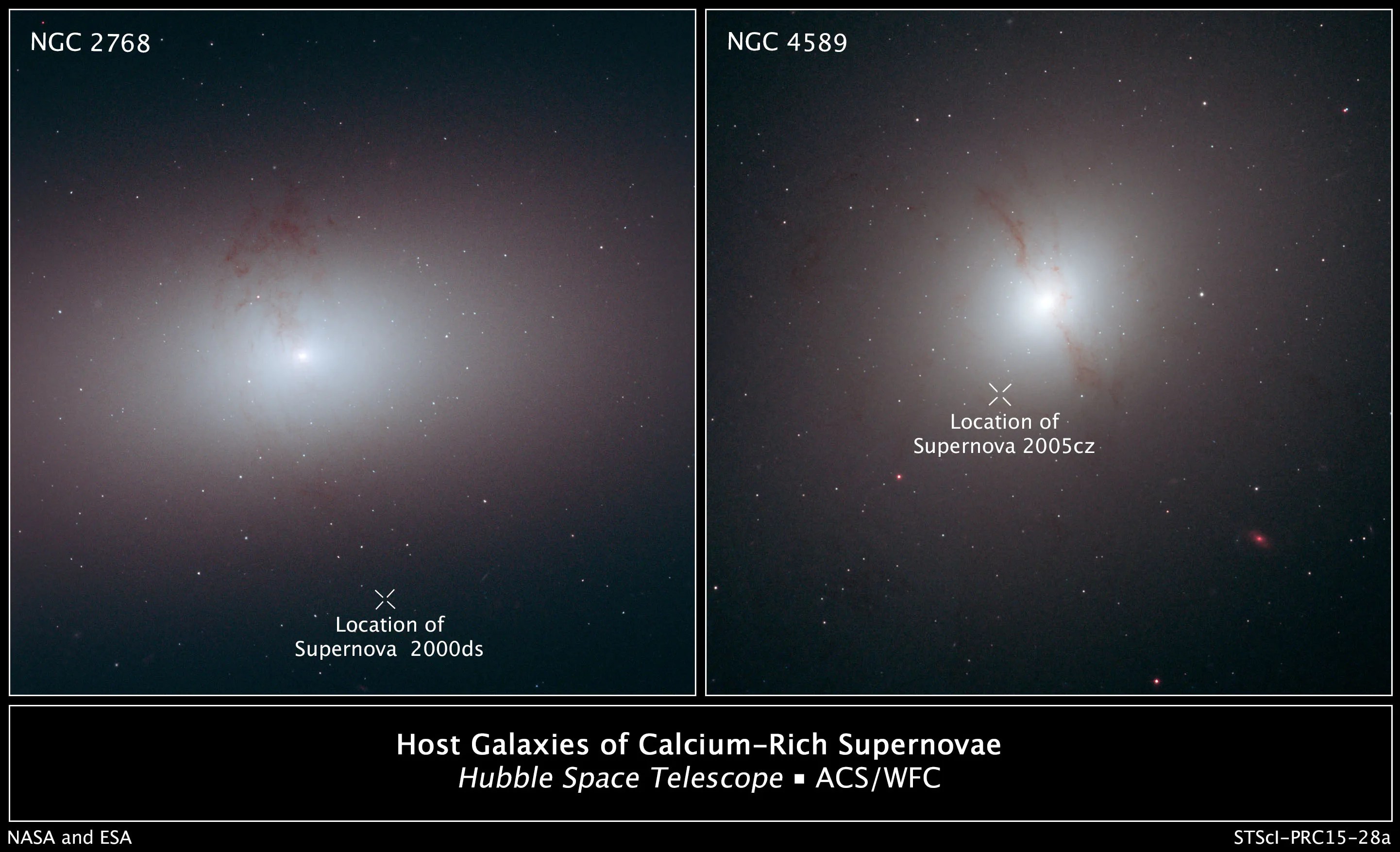 Hubble images of galaxies NGC 2768 and NGC 4589 with the locations of supernovae 2000ds and 2005cz marked, respectively.