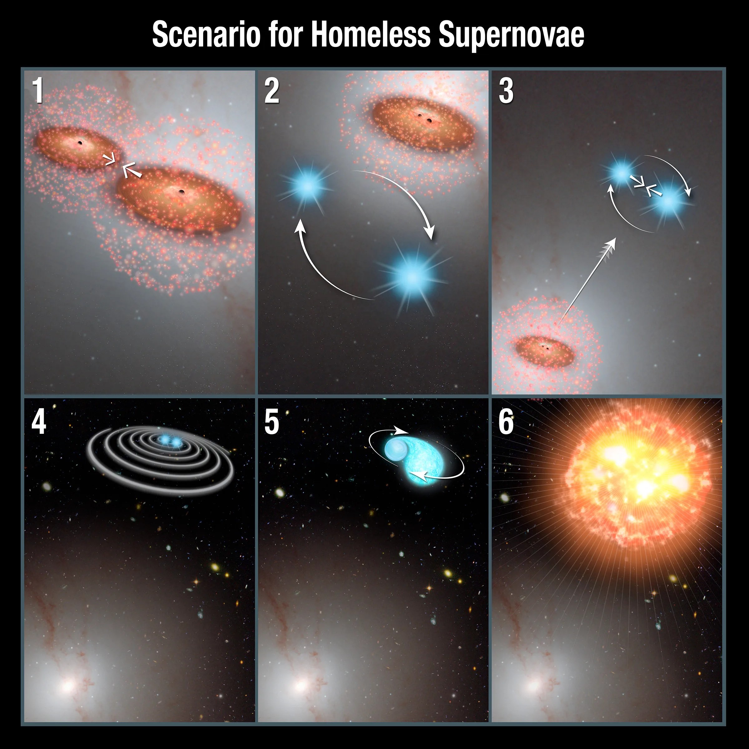 An illustration of how stars may explode as supernovae outside the confines of galaxies, shown in six numbered panels.