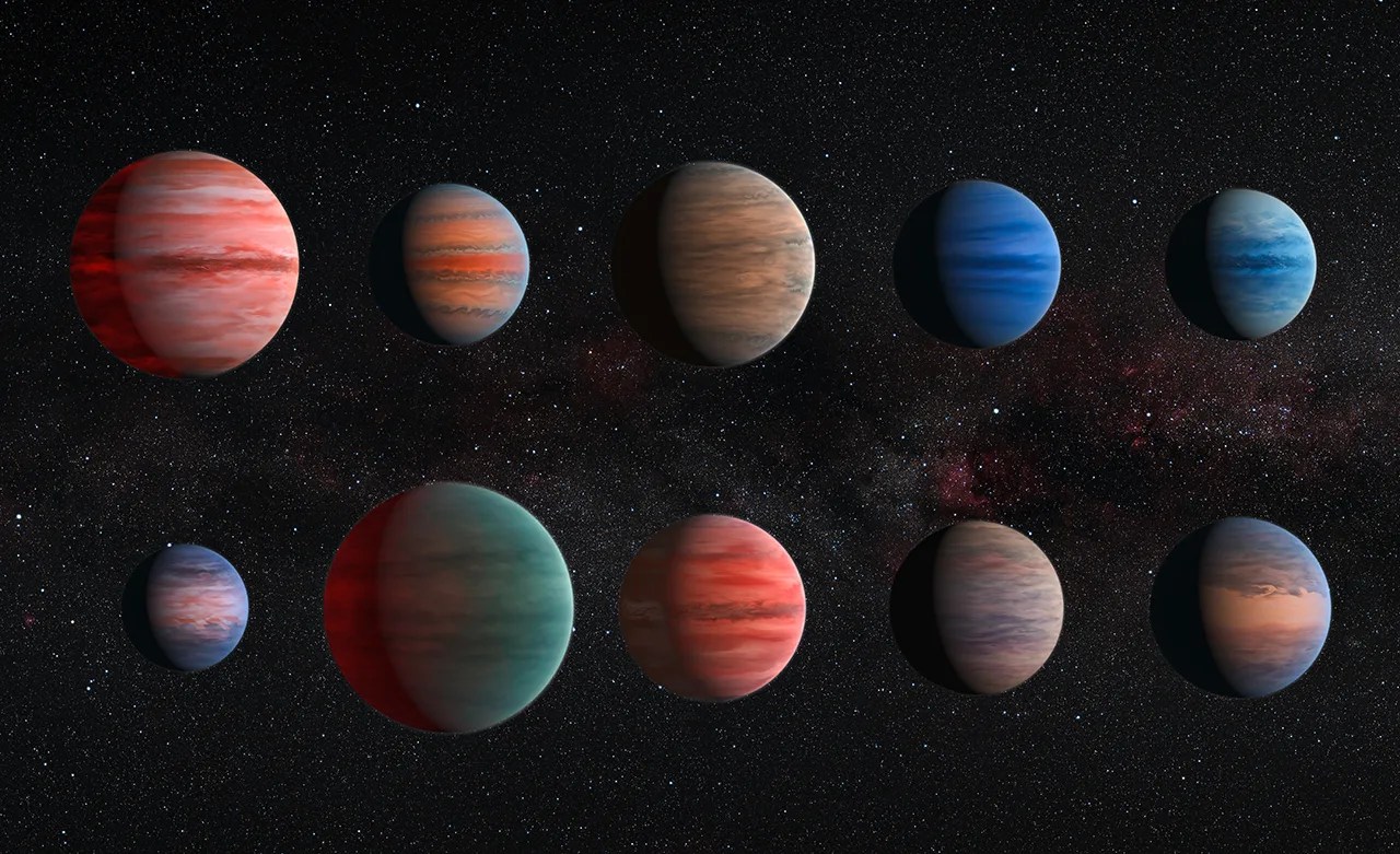 Artist's impression of the ten hot Jupiter exoplanets. Two rows of exoplanet illustrations. There are 5 planets of varying sizes, colors, and atmospheric features in each row.