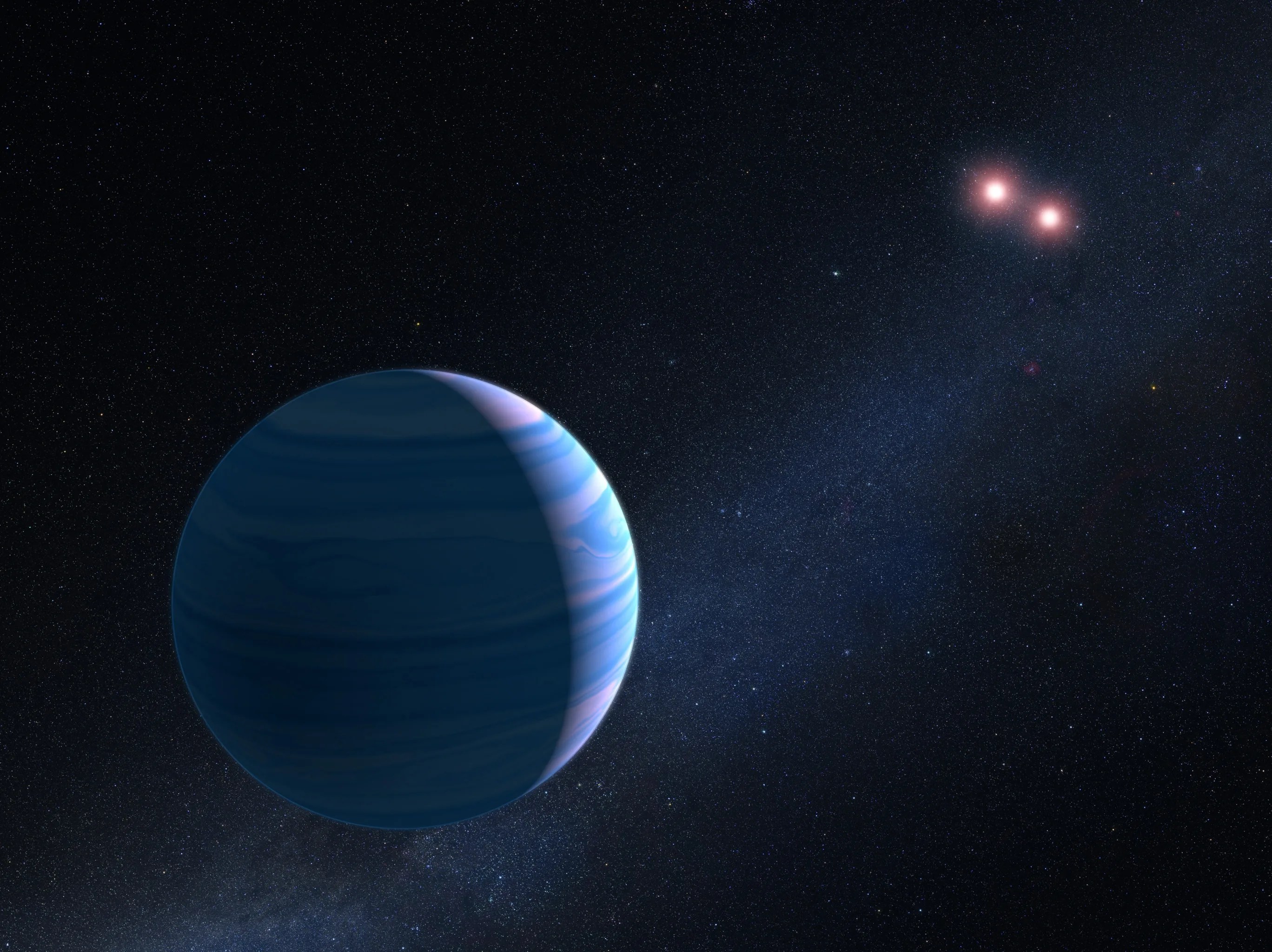 Artist concept of a gas giant planet circling a pair of red dwarf stars in the system OGLE-2007-BLG-349. The pair of red dwarf stars is in the upper right. A large blue world is at lower-left.