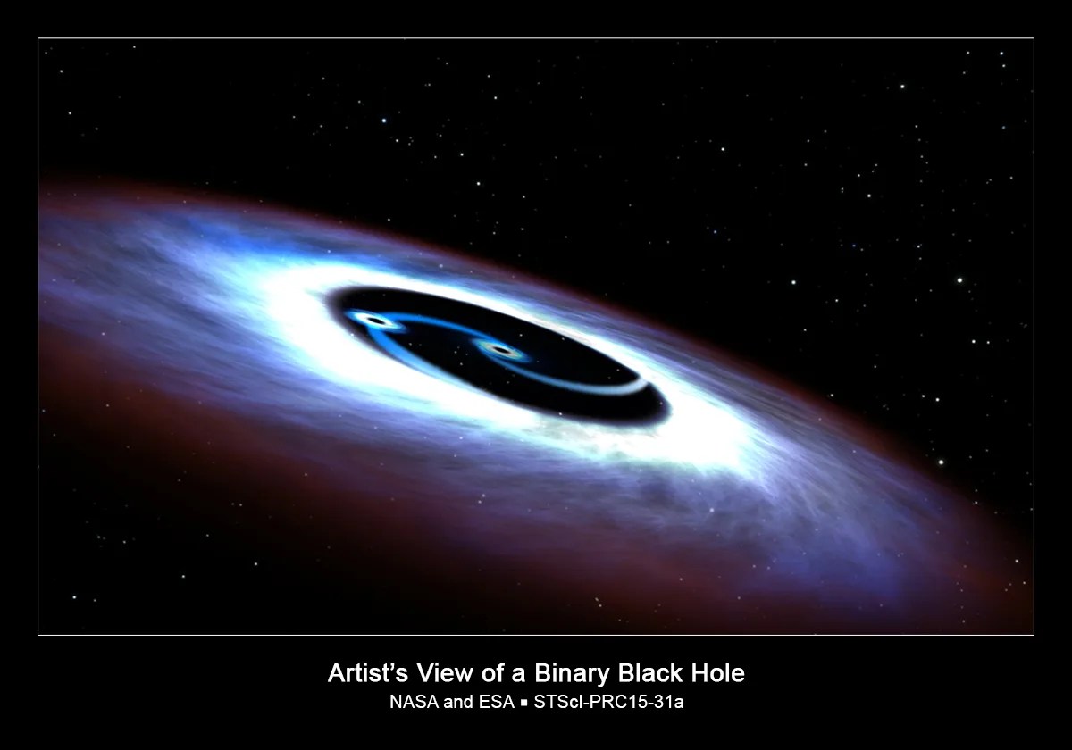 Artist's concept of two black holes orbiting each other within the dark center of a quasar. A flaring, white disk of gas surrounds the objects.