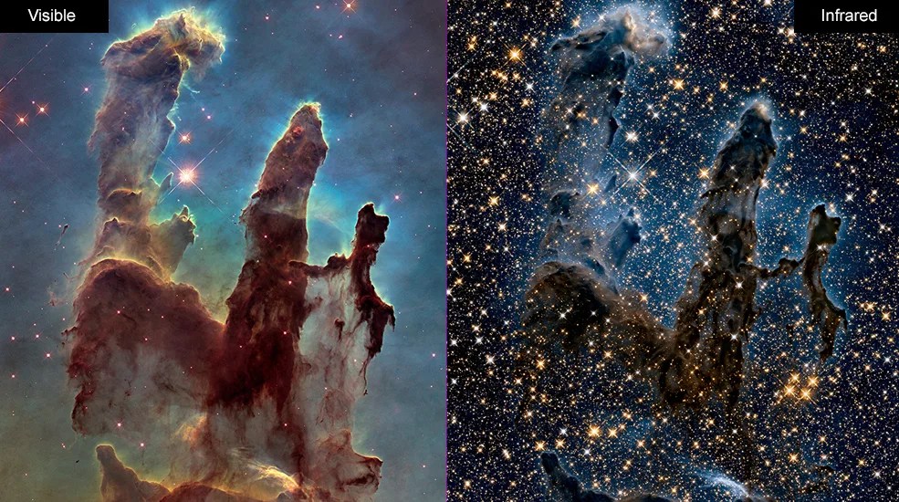 Eagle Nebula showing visible and infrared views side by side.