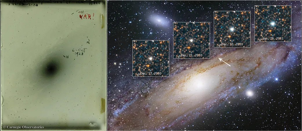 Edwin Hubble's photographic plate with the cepheid variable star V1 in the Andromeda galaxy marked, and the same star captured in a series of Hubble Space Telescope images from Dec 2010 to Jan 2011.
