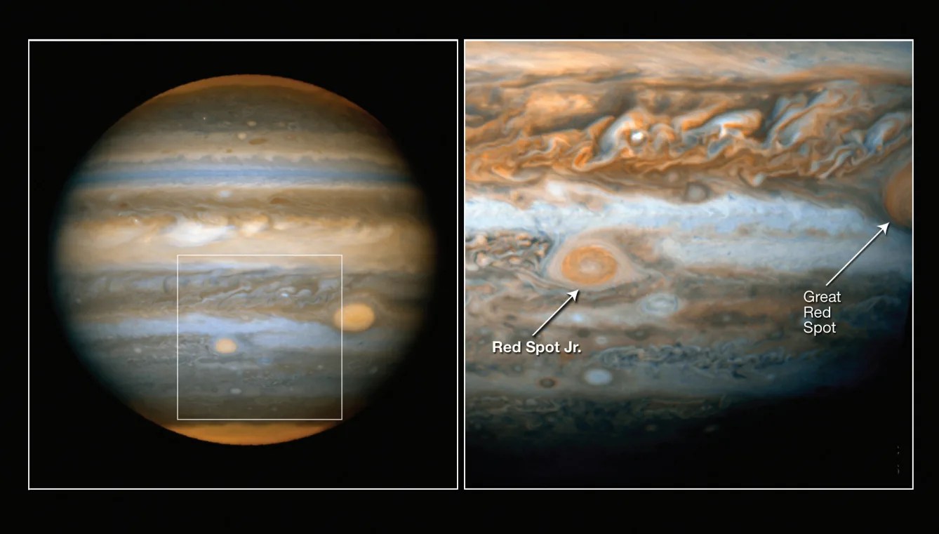 On the left, an image of Jupiter is seen against black space. On the right, a close-up view of Jupiter's surface is seen.