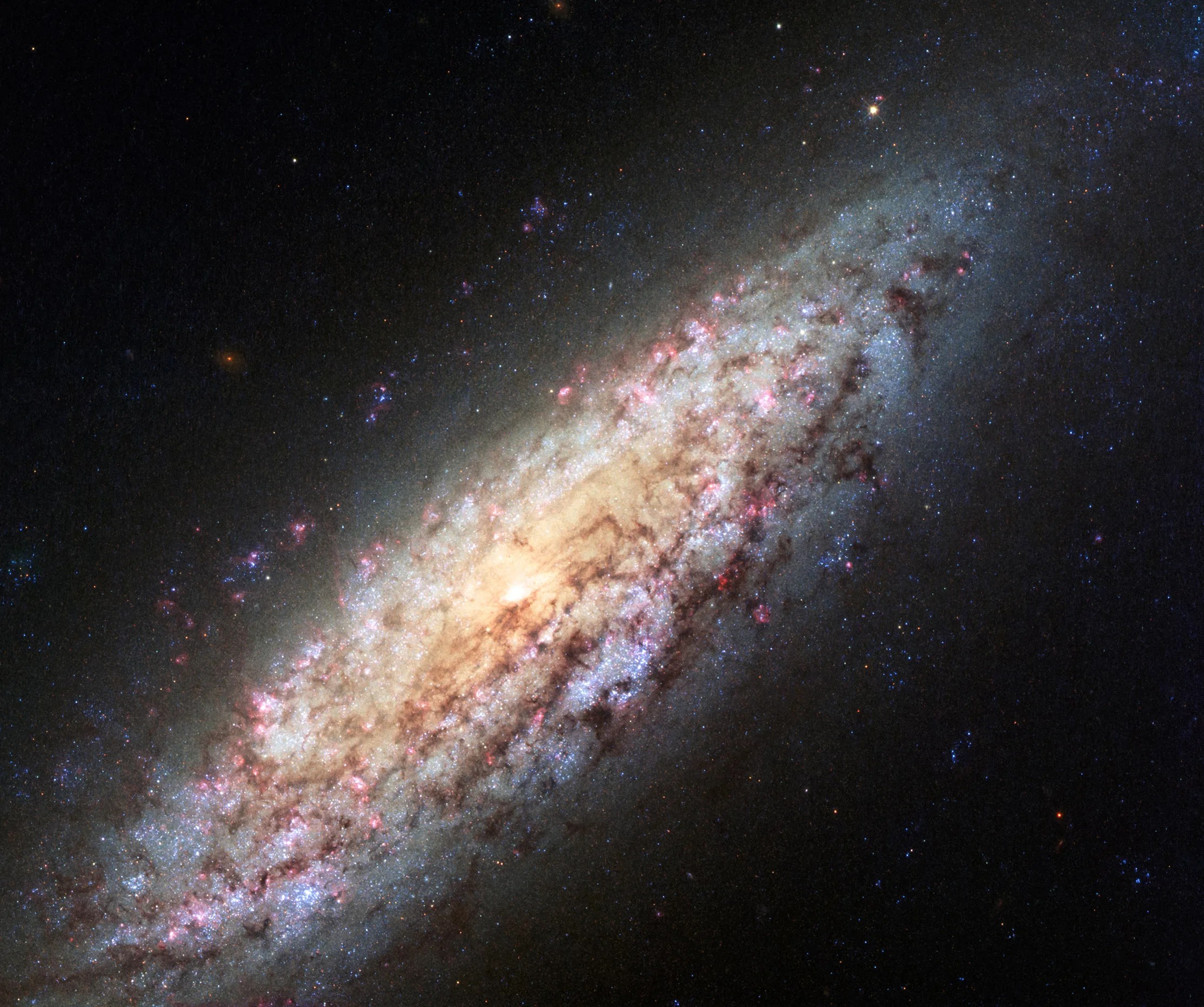 A tilted spiral galaxy fills the image, with a bright core surrounded by spiral arms laced through with dark dust and bright pink and blue star formation.