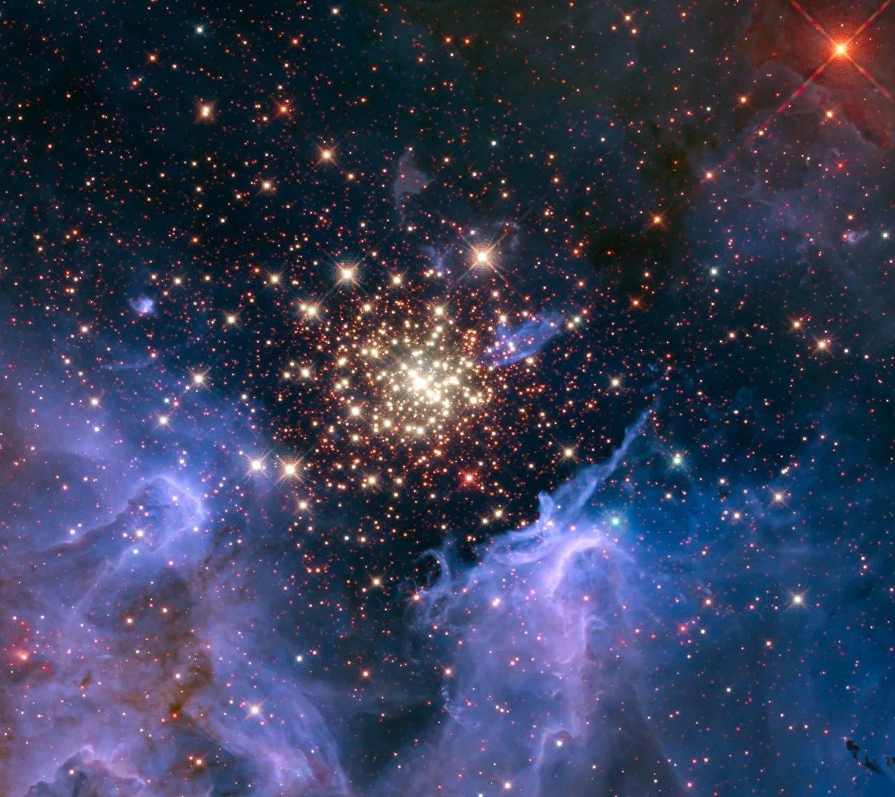 在黑色背景下，星团填充了图像的中心。图的底部和两侧环绕着一个紫色的“U”形云，将星团嵌套起来。右上角有一颗明亮的星星。
