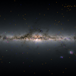 Faint band of stars, gas, and dust stretches from left to right across the frame. This band is a representation of our galaxy as seen from space, edge-on. Colorful icons representing the types of objects Hubble has observed litter the frame: blue stars, orange spiral for galaxies, pink clouds for nebulae, yellow swirling top for exotic objects, and a green circle for exoplanets.