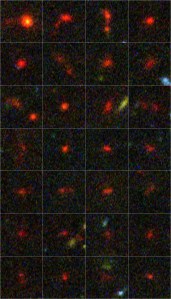 Faint, distant galaxies, observed by Hubble. They are arranged on four columns and seven rows. Most appear as red splotches. A few of the images also hold regions of yellow, blue, and or green pixels.