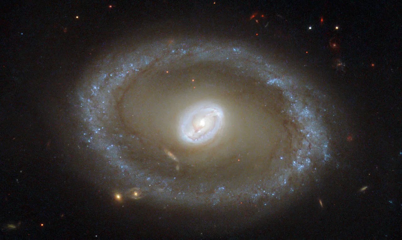 The center is a glowing white barred spiral, surrounded by a yellowish-brown layer ringed with reddish-brown arms of dusk. The outer ring glows bluish-white with stars.