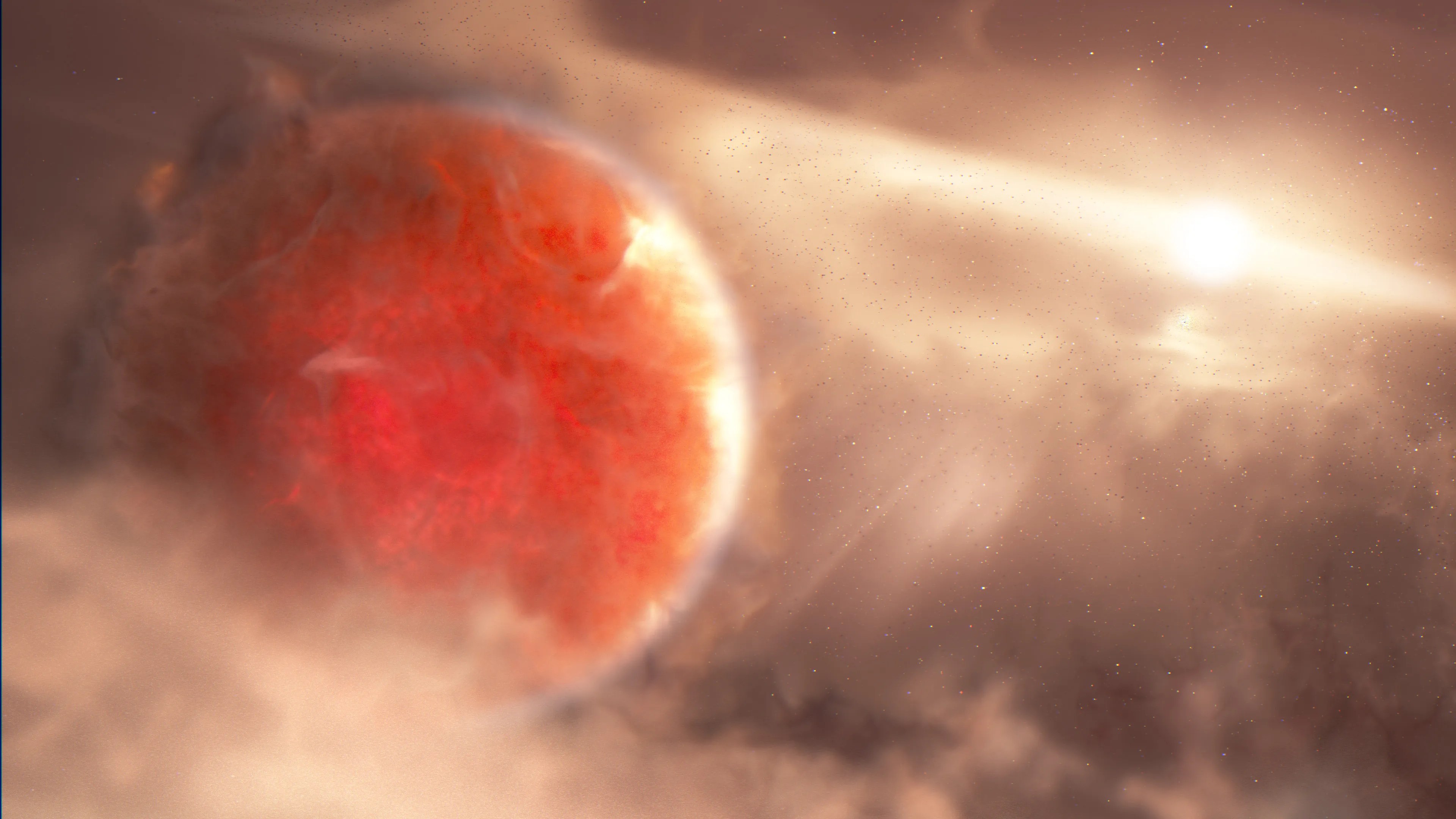 Orange-red planet in a swirl of gas and dust