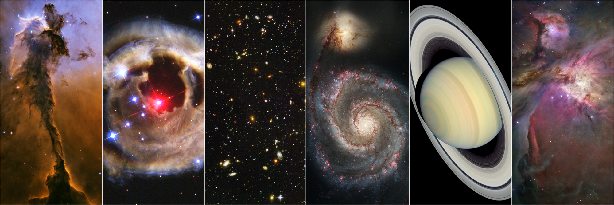 Left to right: the spire in the eagle nebula, v838 monocerotis, the hubble ultra deep field, the whirlpool galaxy, saturn, and the orion nebula.