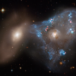 Two galaxies one right one on the left. right galaxy has a blue-white triangular star forming region surrounding it.