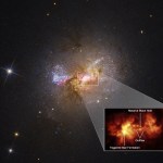 dwarf galaxy with bright, blue stars, red and amber gas clouds, no visible spiral arms. callout at lower right zooms in on the galaxy's center, glowing amber gas and bright new stars