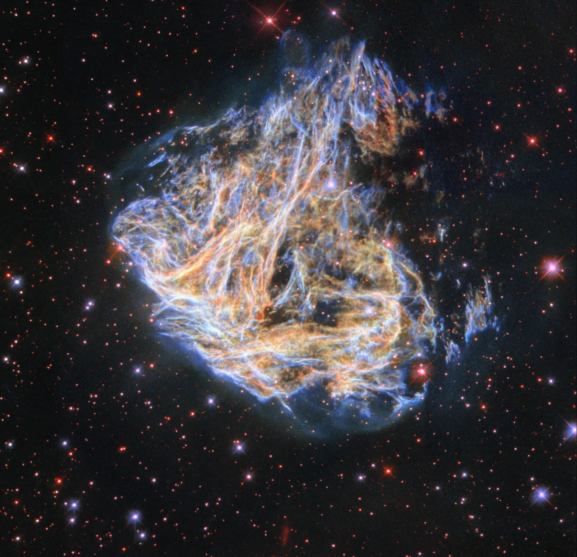 Center-top: supernova remnant in the shape of a flame, many long strands and thin layers of gas that glow orange and blue. faint gas clouds outline its edges. several scattered blue and red stars surround it. the background is black with small red stars.