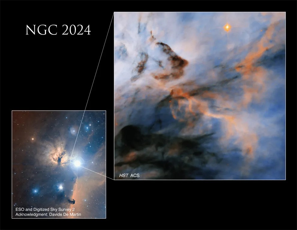 lower left: small image of the entire Flame Nebula and Horsehead Nebula, right side: Hubble image of blue and white background cloud superimposed with orange and dark cloudy wisps
