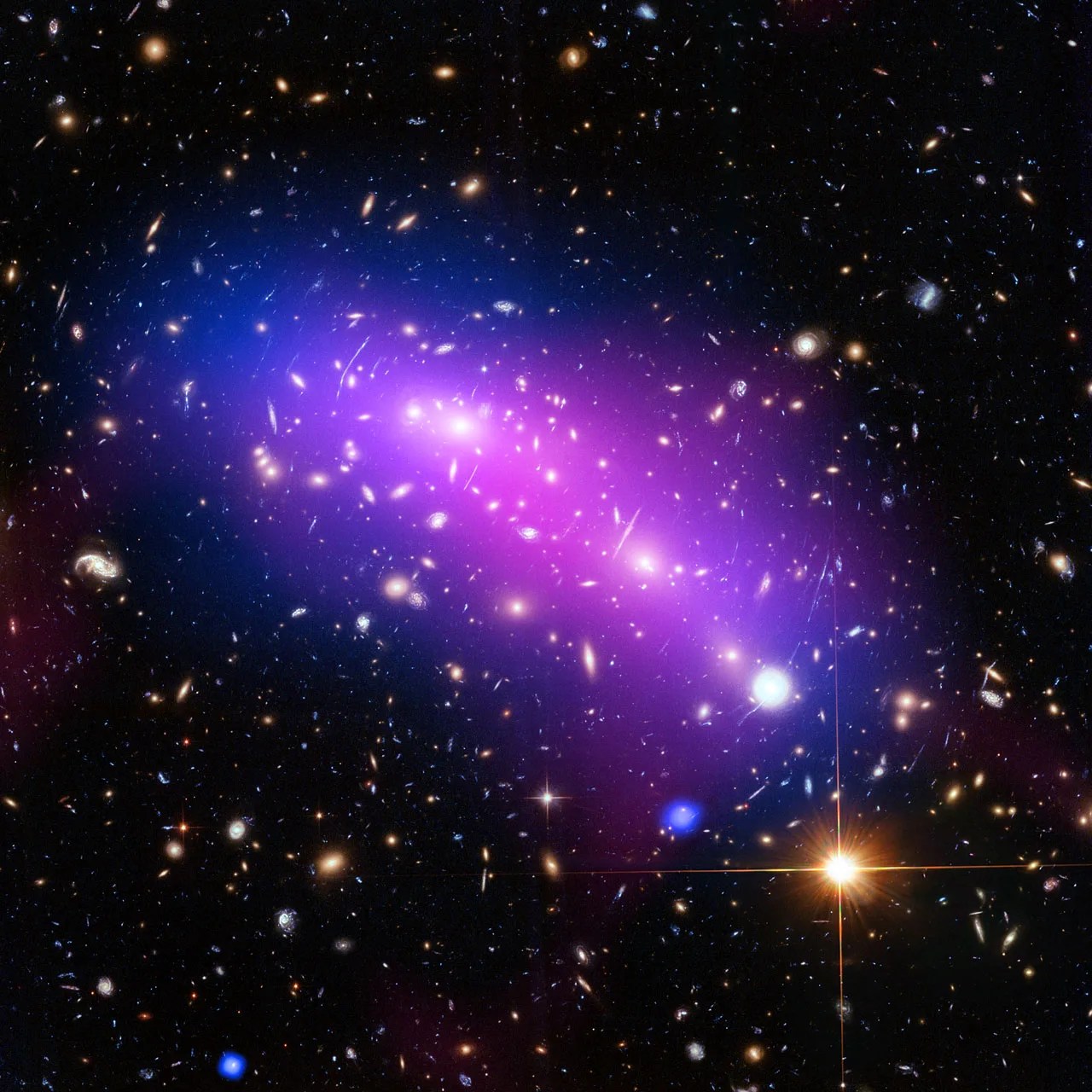 Pink, purple and blue colliding galaxy clusters