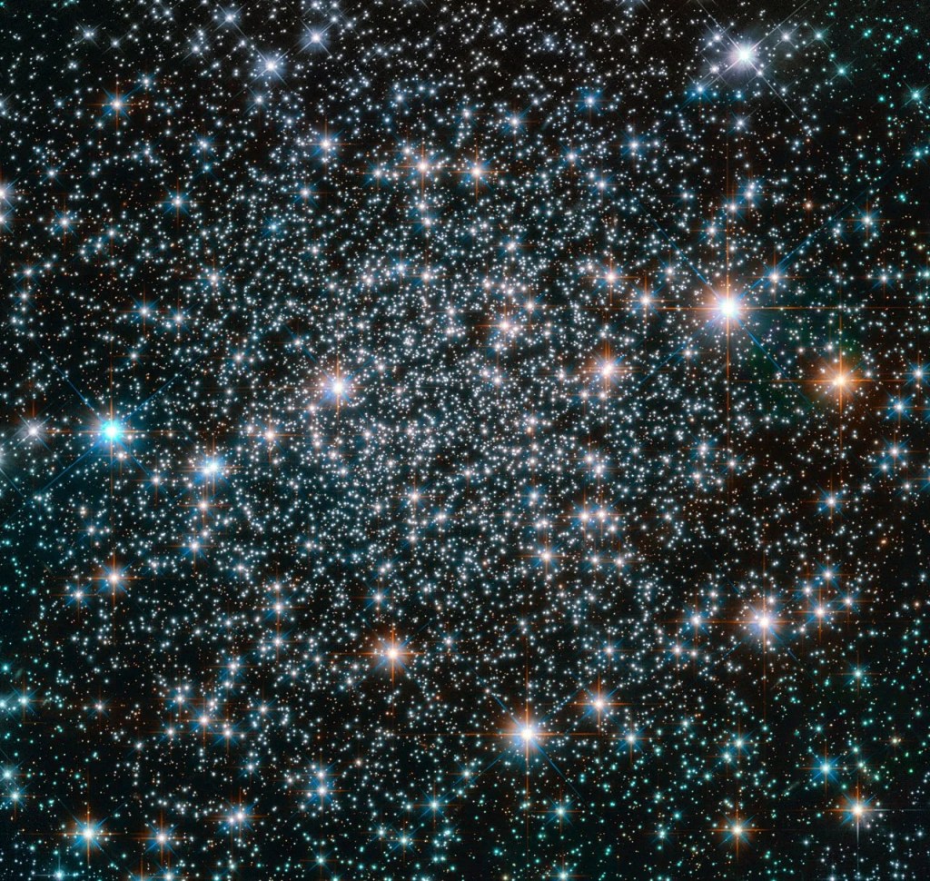 A cluster of bright stars, mostly white in color, fills this image. The stars are slightly thicker toward the center of the image Several bright large stars have diffraction spikes.