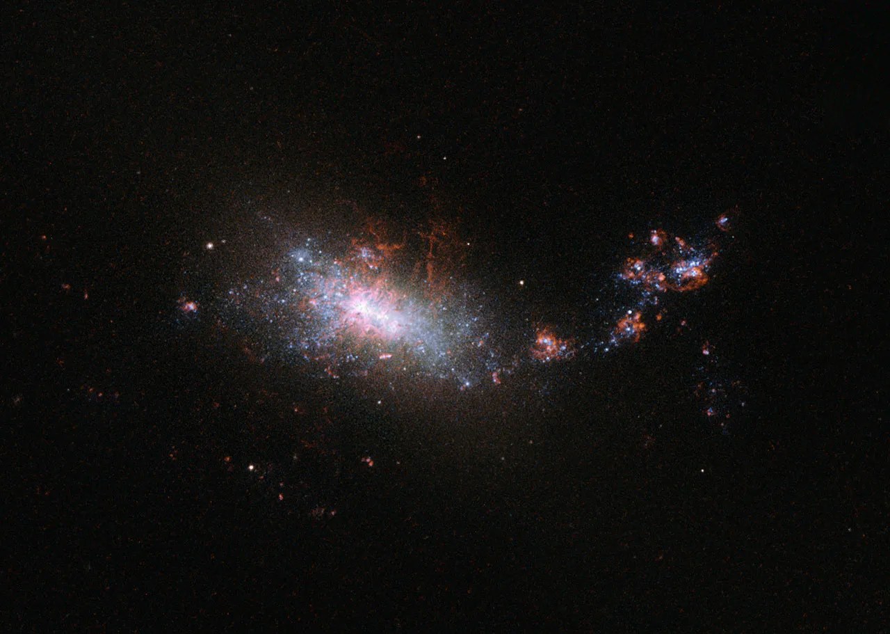 A dwarf galaxy with an irregular form, featuring bluish stars and red tendrils of gas and dust.