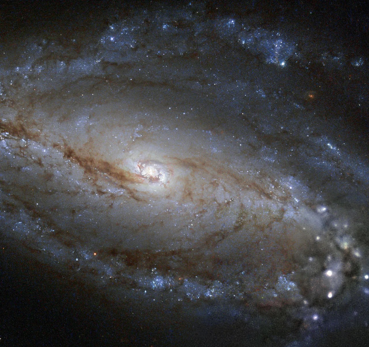 A spiral galaxy with a glowing bright white core, ribbons of orange-brown flowing out from its center, and spiral arms of blue-white and pink stars.