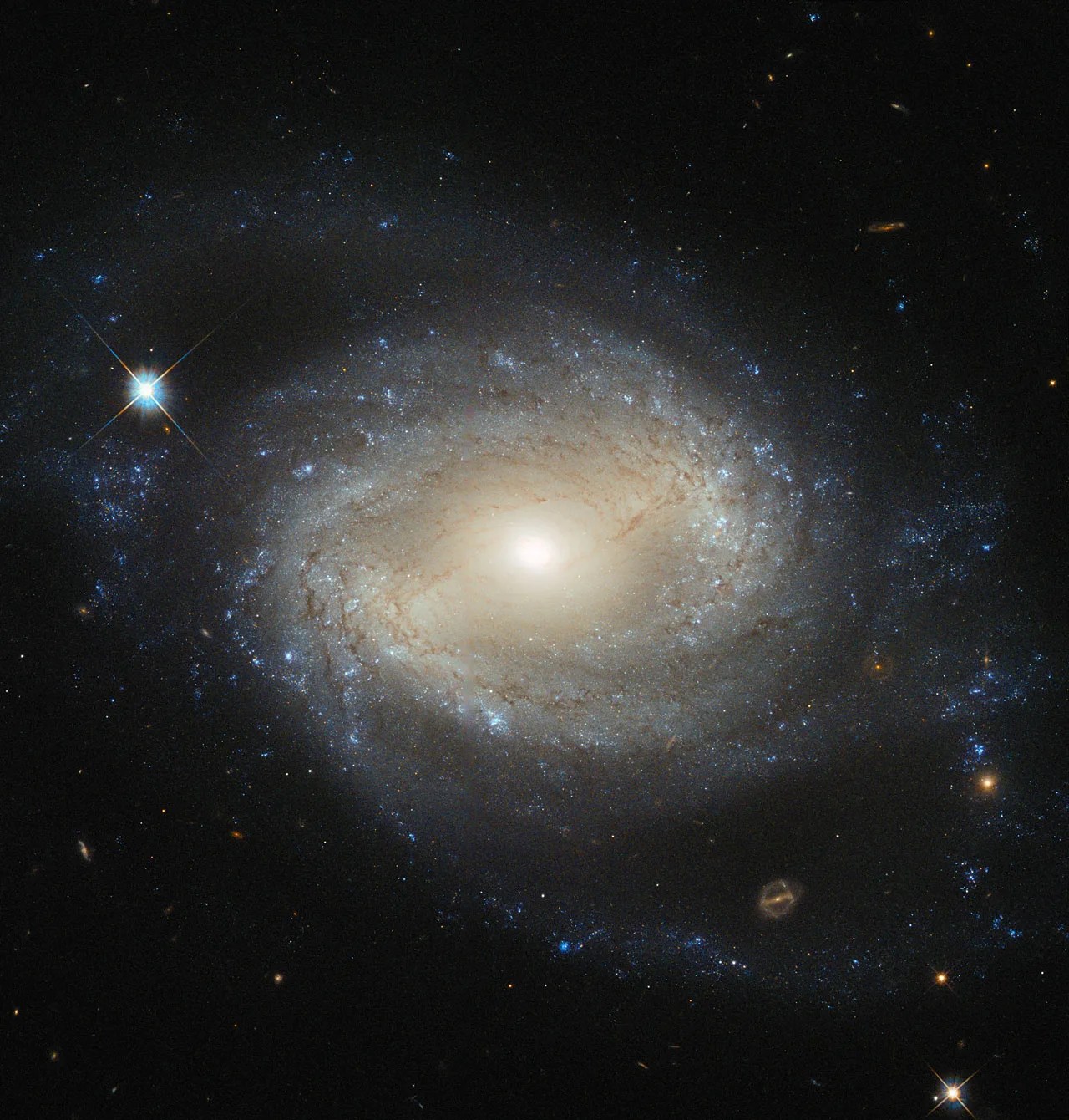 A beautiful example of a type of galaxy known as a barred spiral, with a "bar" of stars running through the center and spirals emerging from either end.