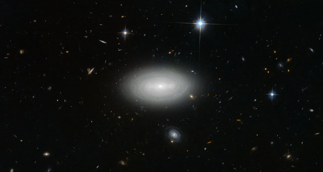 Three local stars and a spiral galaxy against black space