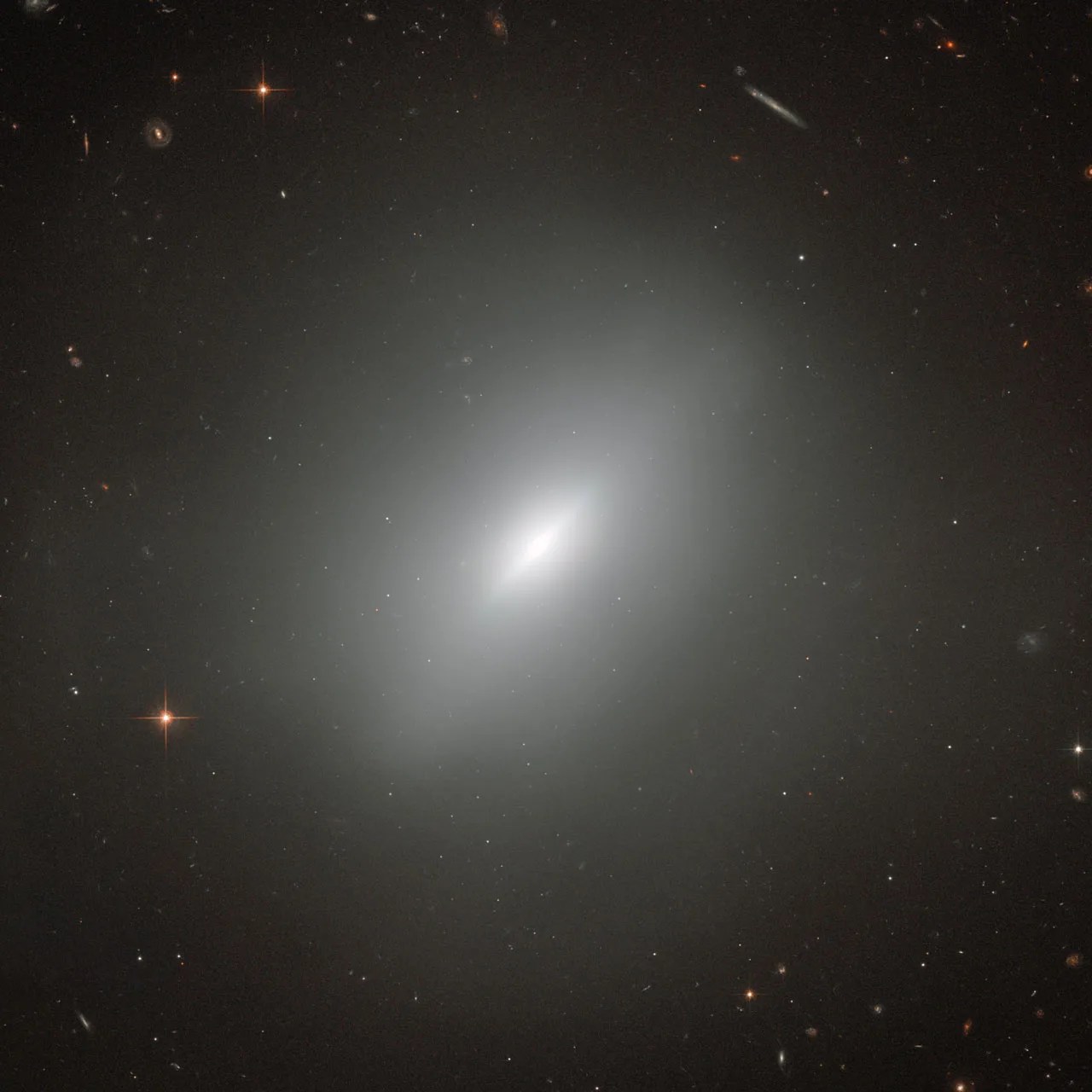 The soft white haze of light from the elliptical galaxy fills most of the image. At its core is a brighter, more defined disk