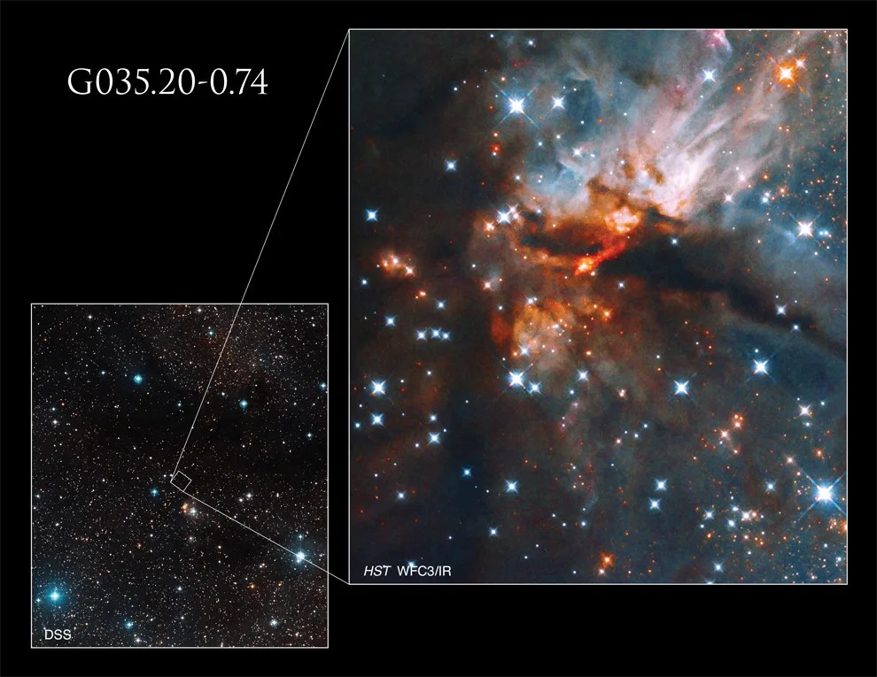 lower left: star-filled image bisected by a dark nebula. right half: blue and white, orange-red nebula bisected by a dark nebula, image is dotted with blue-white stars