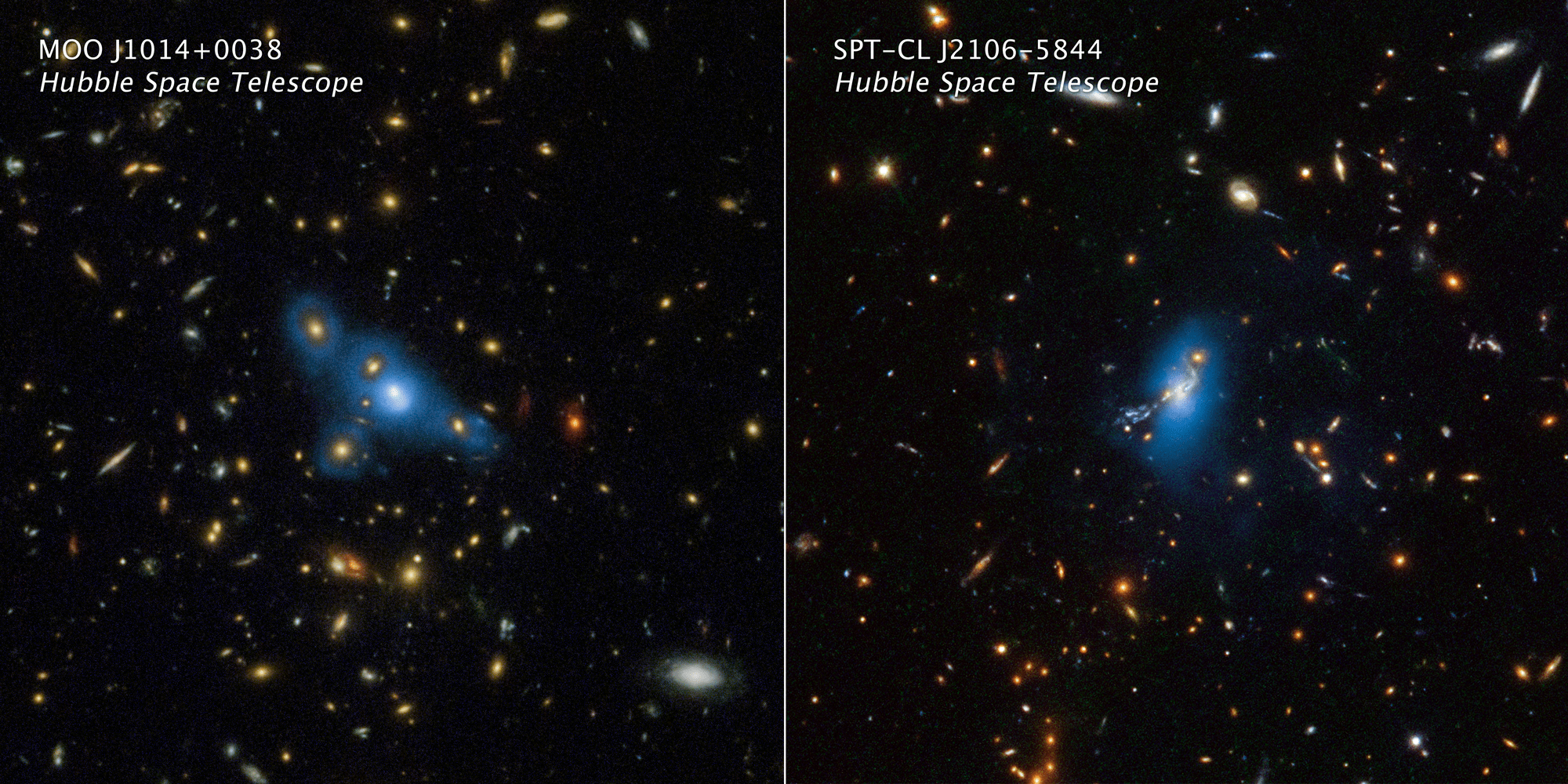 Two images. Left: yellow-orange galaxies, in blue halo (intracluster light). Right: 2 elongated blueish, irregular-shaped objects, several small yellow-orange galaxies. Between 2 elongated objects: bright spot in a blue halo (intracluster light).