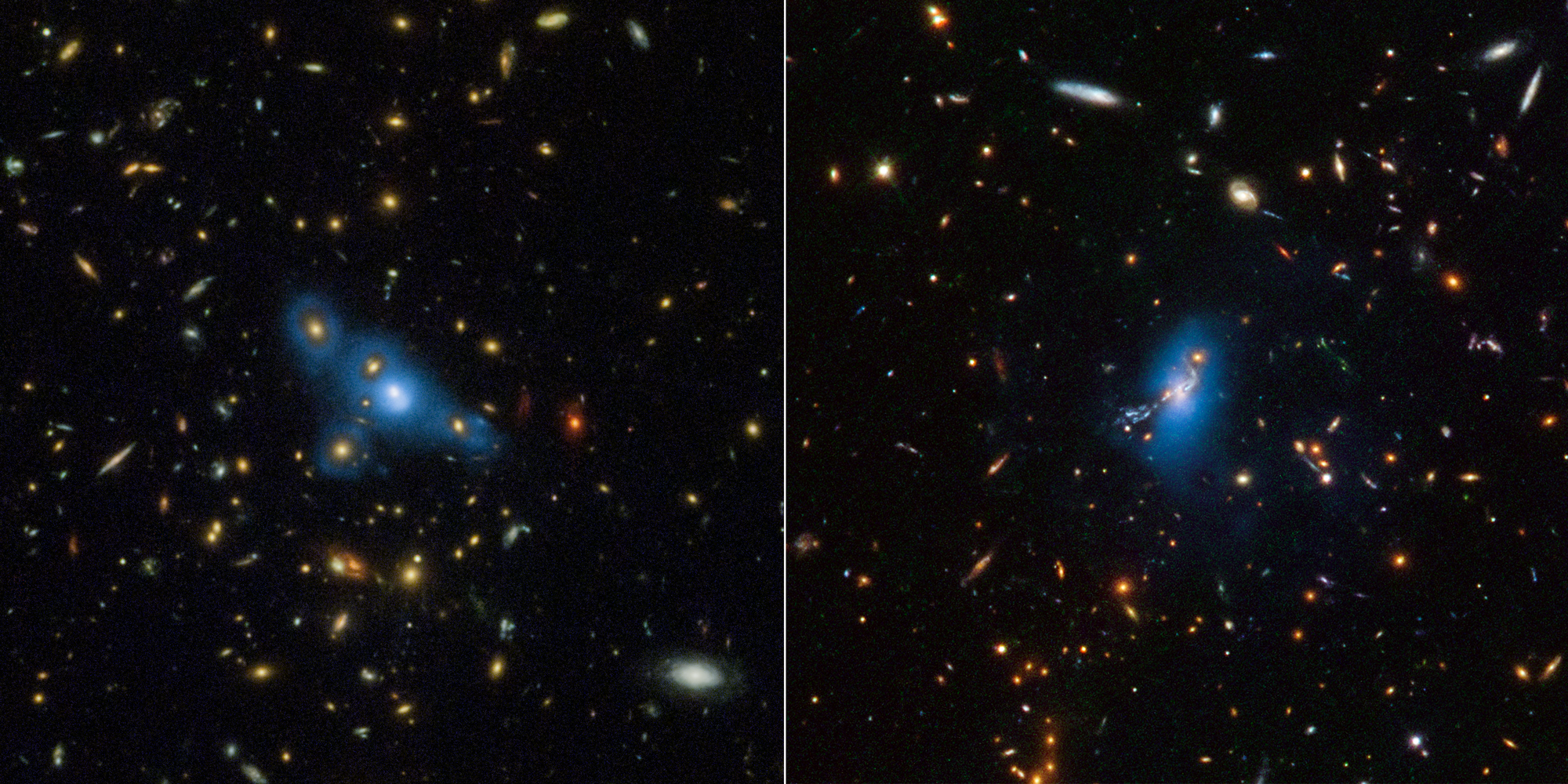 Two images. left: yellow-orange galaxies, in blue halo (intracluster light). right: 2 elongated blueish, irregular-shaped objects, several small yellow-orange galaxies. between 2 elongated objects: bright spot in a blue halo (intracluster light).