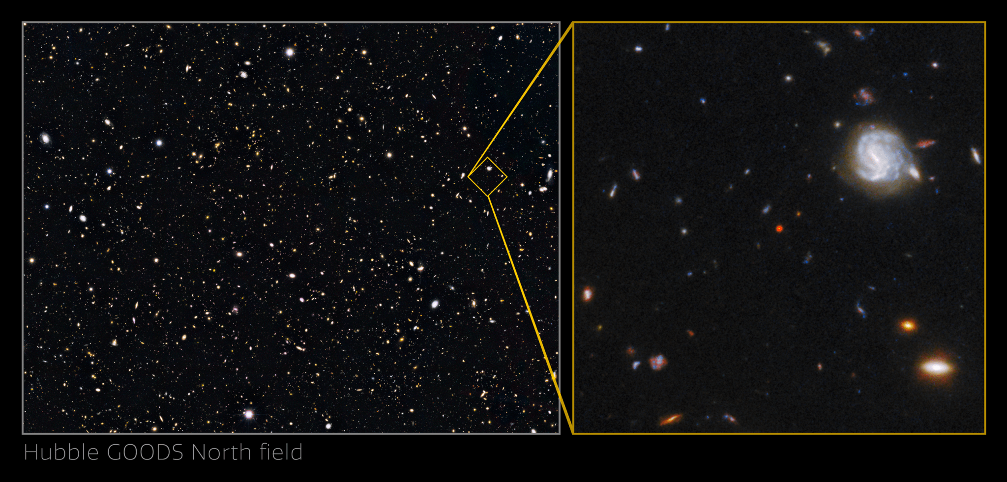 Left: Hubble GOODS North Field, Deep Field image. Right: small section of the left image expanded showing galaxies with a red dot at the center.