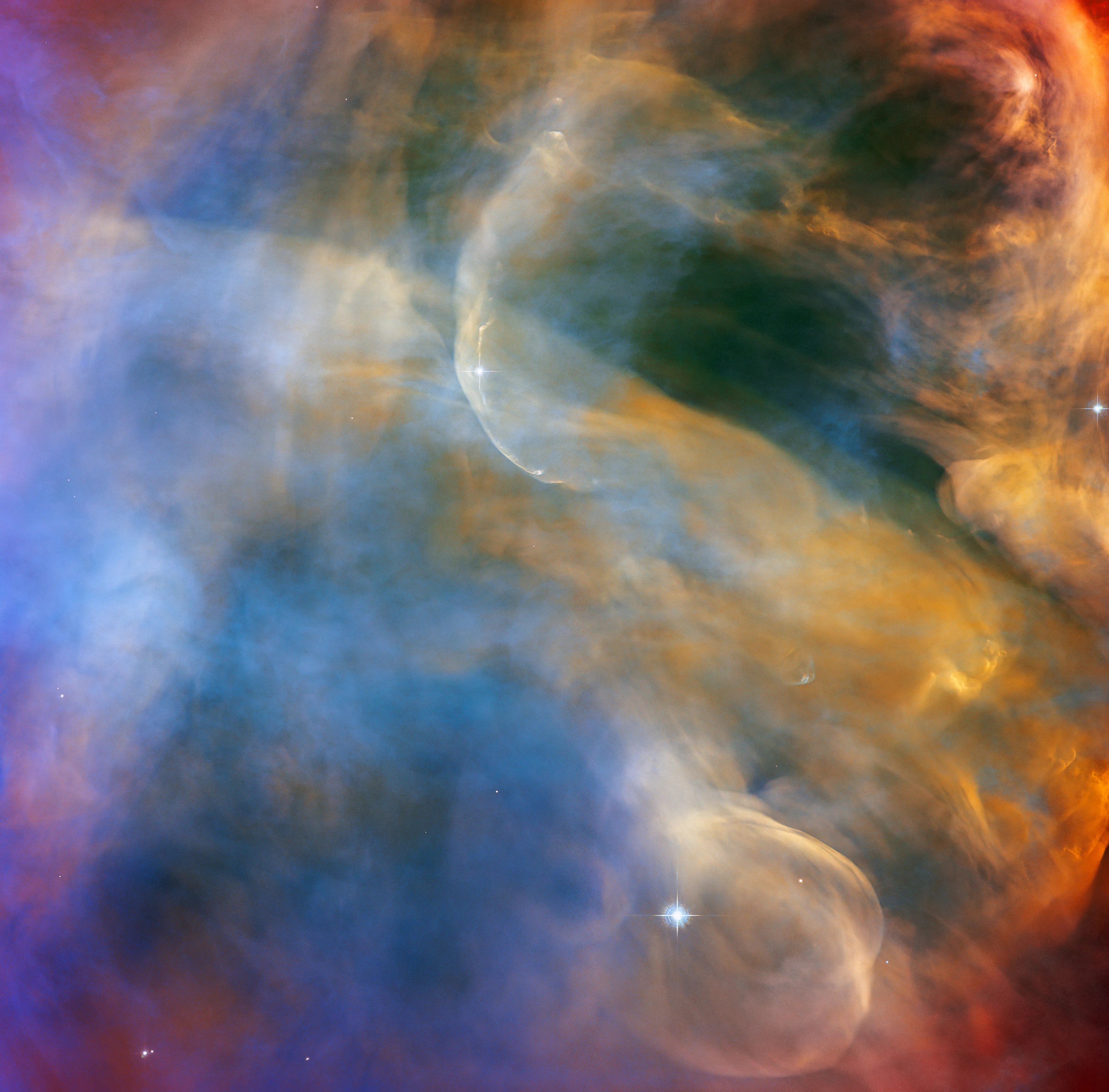 Clouds of blue, orange, yellow, and red fill the scene. wispy-white shockwave arcs stream across the colorful background