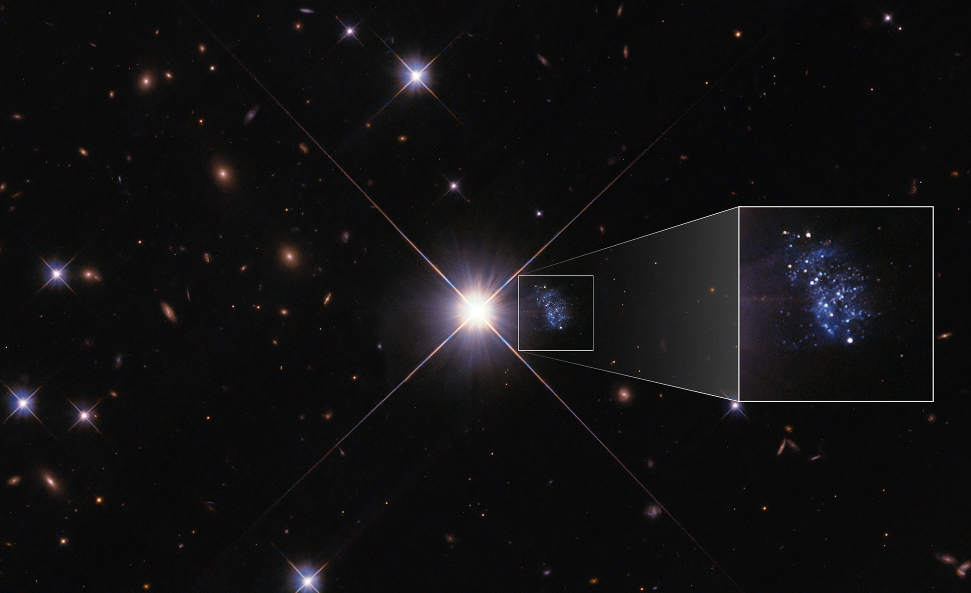 Black background peppered with blue-white stars and distant rusty-orange-red galaxies. Image Center: bright star with gaseous, blue, elongated, amorphous mass peppered with white stars just to the right. A box expands the for detailed view.