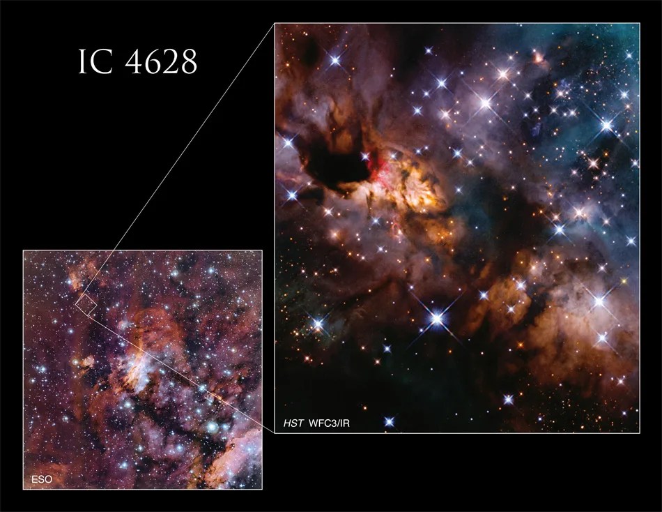 lower left: starfield with dark dust lanes diagonally across the image Bright-white and rust-colored clouds extend both sides of the dust lane. Right side: main image