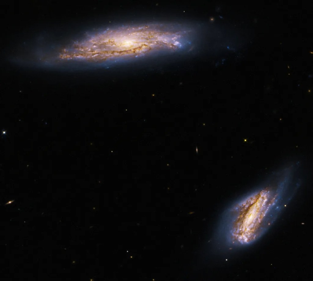 Upper left: nearly edge on spiral with bright-white core, reddish brown-dust lanes, and pinkish-white spiral arms. lower right: another nearly edge-on spiral sitting perpendicular to the lower right corner.