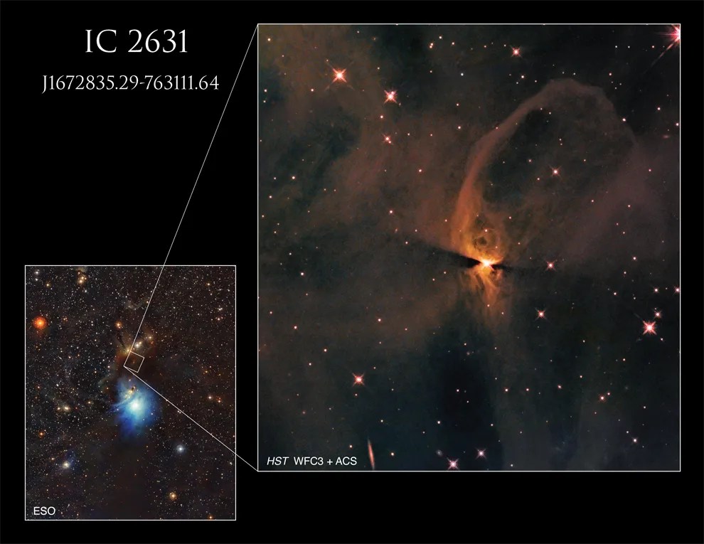lower left: wide-field view of a bright-blue nebula against a starfield, right side: orange glow of looping clouds emanates from bright-white central star. Dark dust lanes extend from the right and left of the central star.