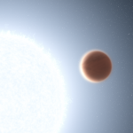 Bright blue-white star fills the lower left side of the image, an orangish planet sits nearby just right of the image center