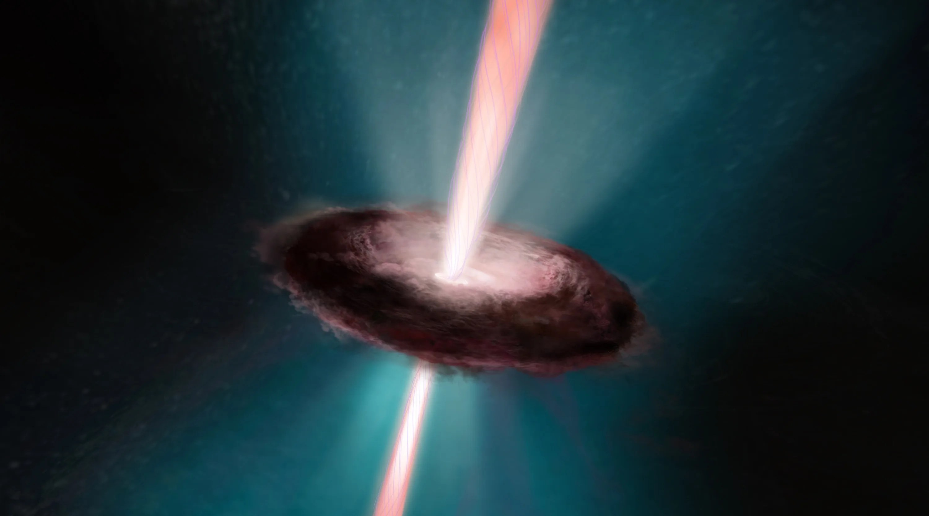 Artist's concept of a disk of gas and dust around a forming star, with a jet of material blasting north and south from the center of the disk.