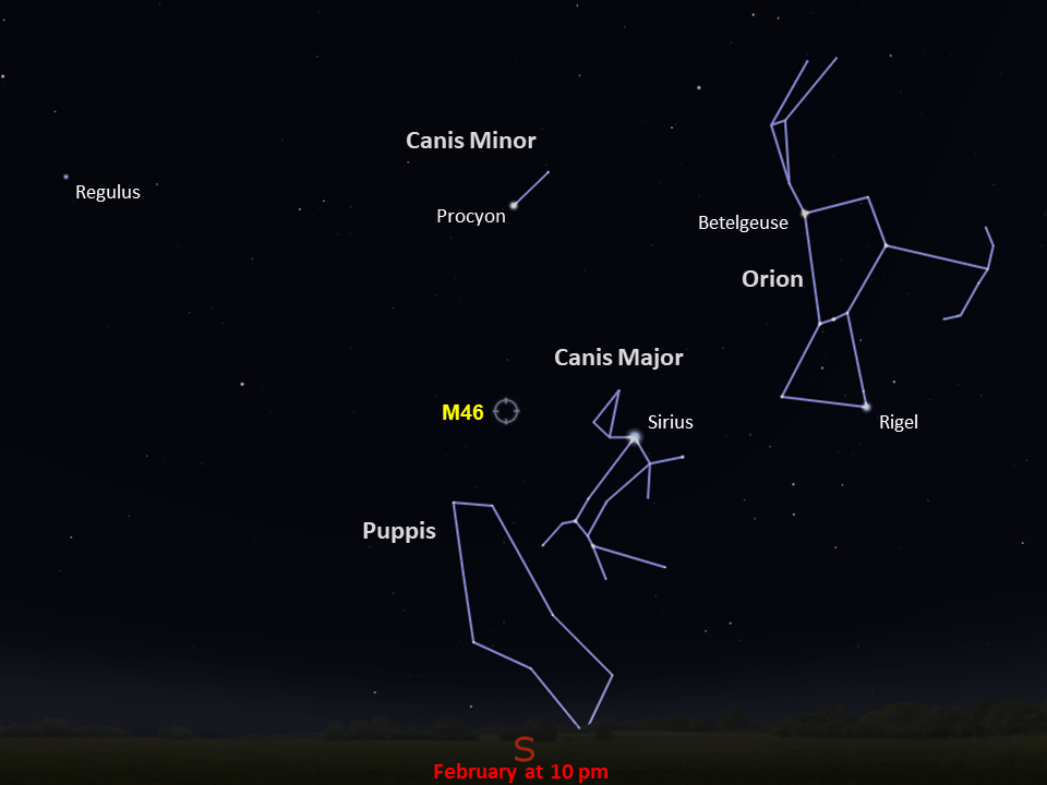 Star Map illustrating the position of M46 against the background stars/constellations