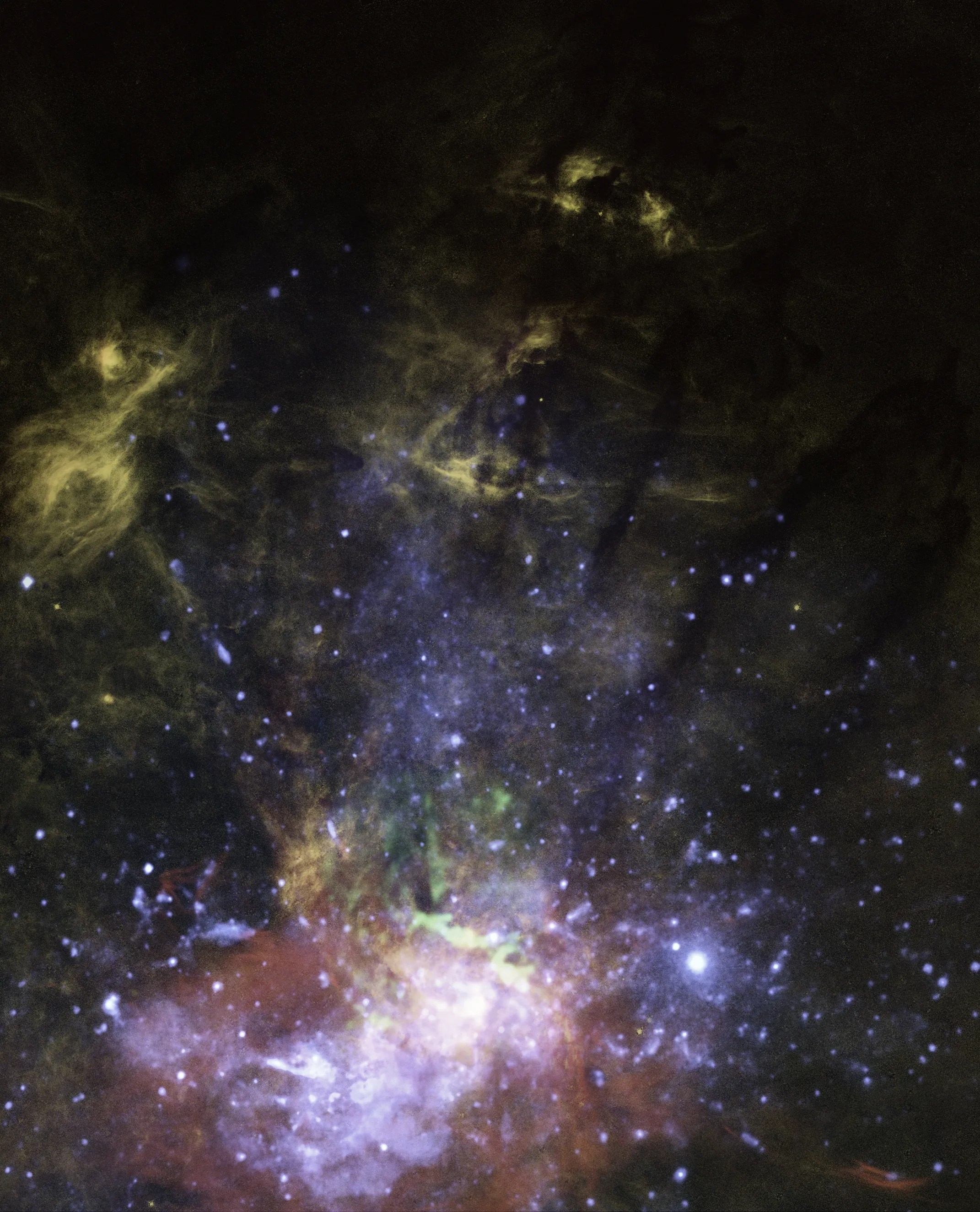 Bright central region of the Milky Way (bottom-center), yellow wisps of Hubble Infrared data (top third), blue X-ray Chandra data (center, bottom), green Alma data, and red VLA radio data (bottom)
