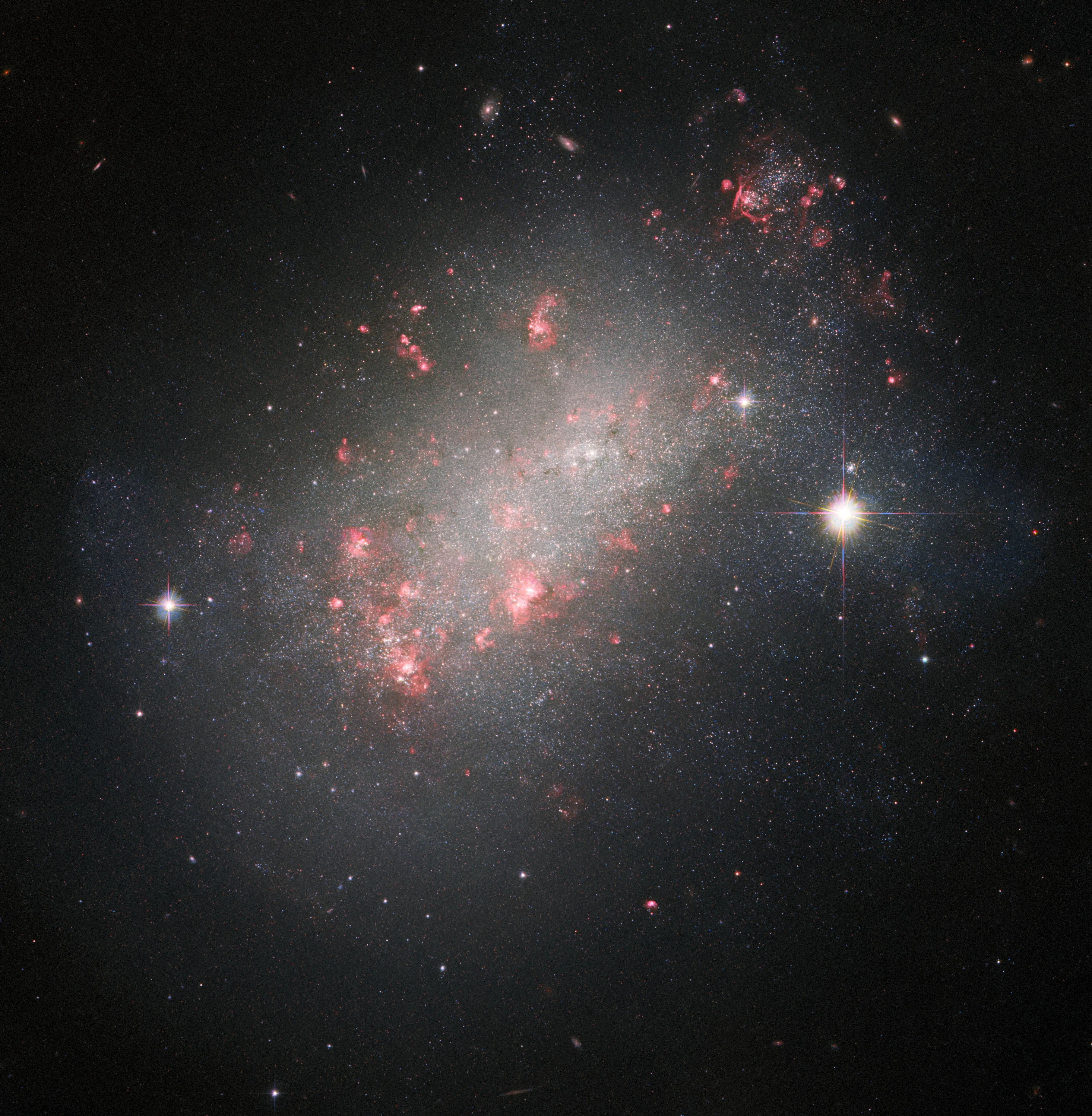 Bright, white haze of stars extending from the lower left to the upper right.
pinkish-red star-forming regions dot the galaxy