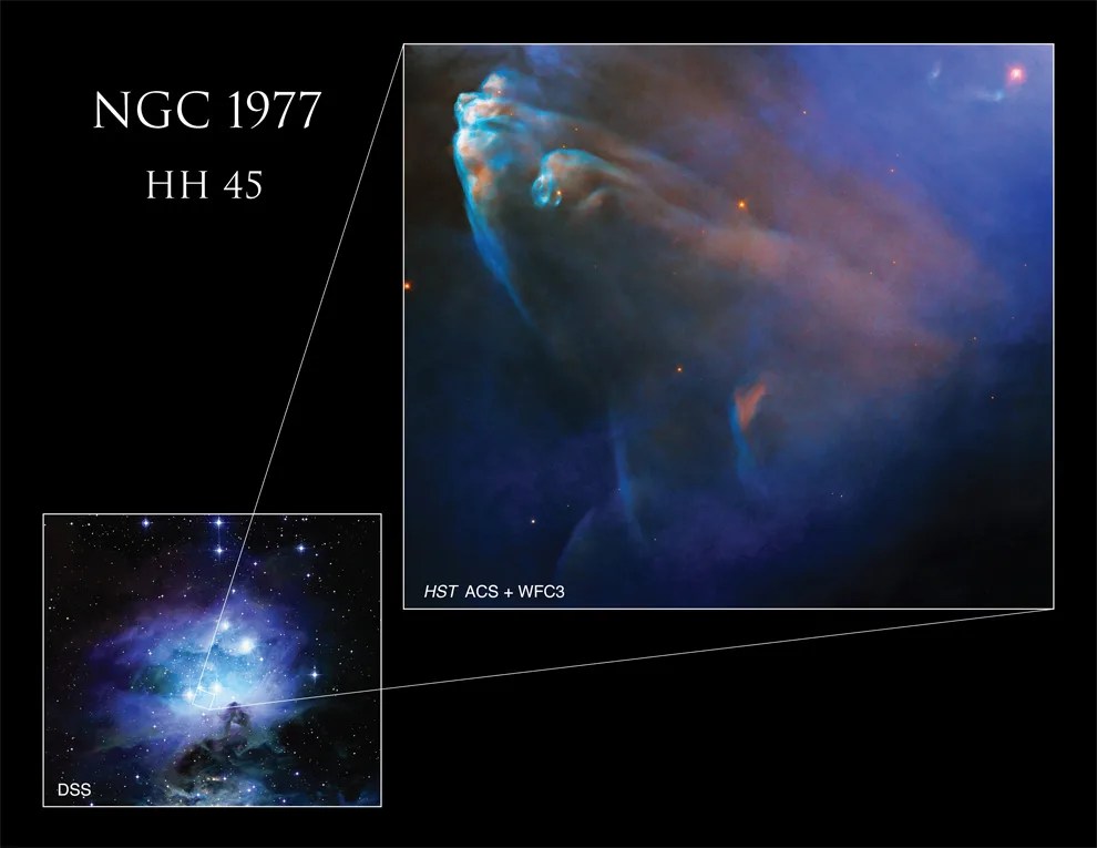 Lower left: full view of the blue-white nebula with wispy purple edges Right side: Hubble image of elongated rusty and blue nebula "fingers" whose tips are bright-blue and white
